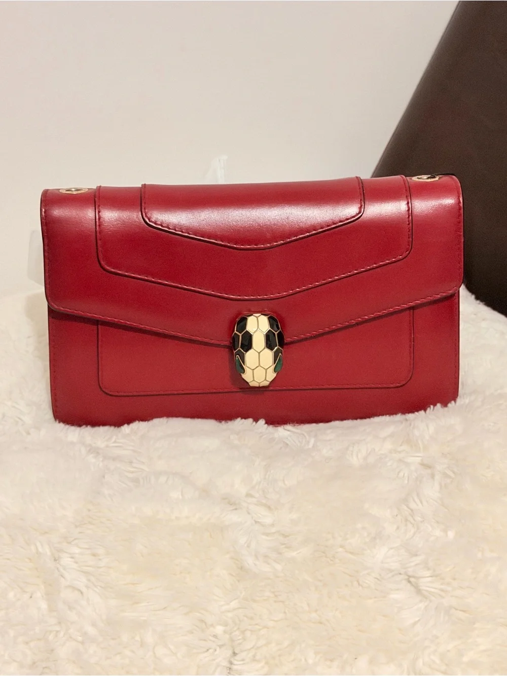 Red Leather Shoulder Bag with Serpentine Clasp